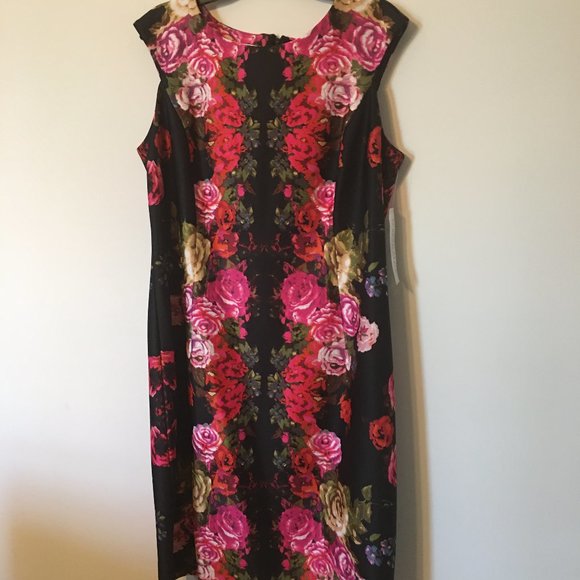 NWT LONDON STYLE COLLECTION Black Floral Sleeveless Stretch Sheath Dress Sz 14W - Picture 1 of 5